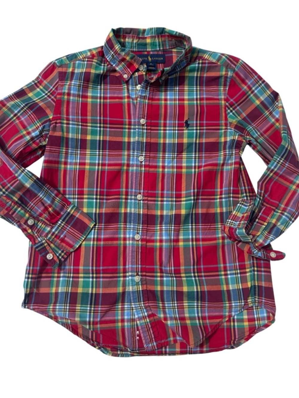 Ralph Lauren Boys Red Multi-Color Plaid Button-Down Shirt Sz M 10/12